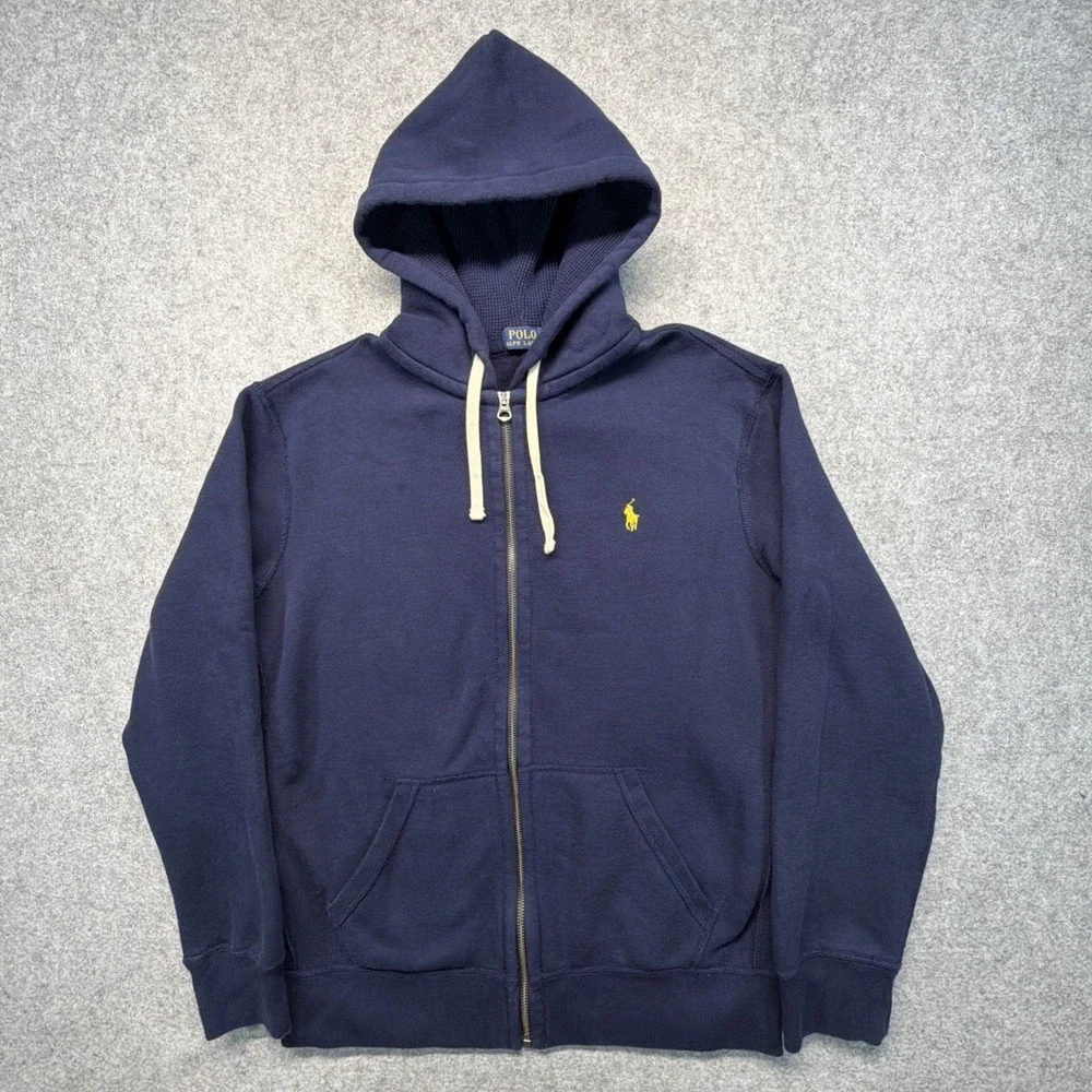 Polo Ralph Lauren Thermal Zip Hoodie Mens Large Blue Waffle Hood Heavyweight